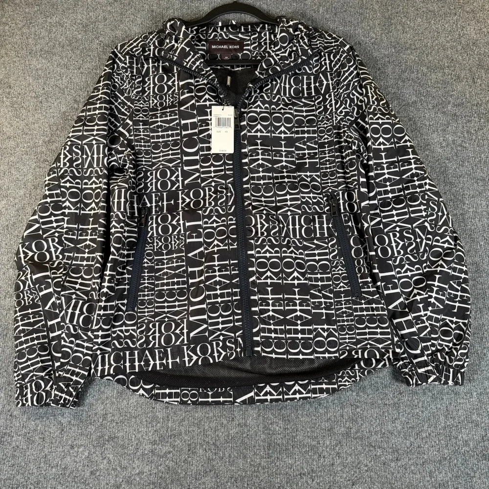 Michael Kors Womens Logo Print Hooded Windbreaker Jacket Black White XS #3866